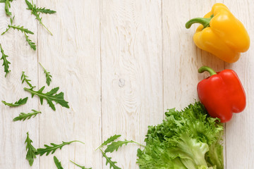 bell pepper, green salad and arugula, top view