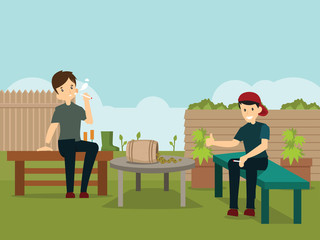 smoking people at garden flat illustration