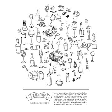 Hand drawn wine set icons. Vector illustration. Sketchy wine tasting elements collection. Cartoon winery symbols. Vineyard background. Grape, glass, bottle, barrel, corkscrew, opener, cheese platter