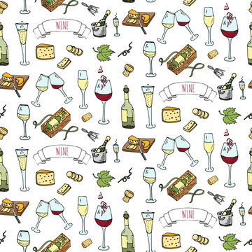 Seamless pattern with Hand drawn wine set icons. Vector illustration. Sketchy wine tasting elements collection. Cartoon winery symbols. Vineyard background. Grape, glass, bottle, barrel, corkscrew.