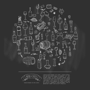 Hand drawn wine set icons. Vector illustration. Sketchy wine tasting elements collection. Cartoon winery symbols. Vineyard background. Grape, glass, bottle, barrel, corkscrew, opener, cheese platter