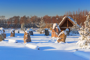 Fototapeta na wymiar Ancient trading factory village at winter in Pruszcz Gdanski, Poland
