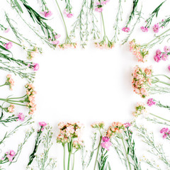 Square frame made of wildflowers. Flat lay, top view. Valentine's background