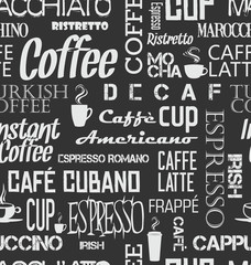 Nahtlose Kachel des Hintergrundes von Kaffeewörtern und -symbolen