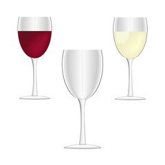 Wine glasses - empty, red wine and white wine.