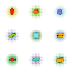 Packing icons set, pop-art style
