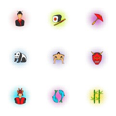 Attractions of Japan icons set, pop-art style
