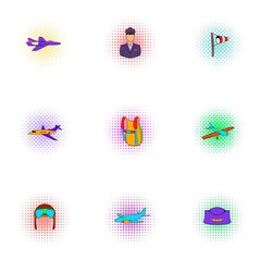 Flying vehicles icons set, pop-art style
