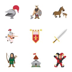Medieval knight icons set, cartoon style