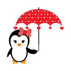 cartoon cute penguin girl with heart and umbrella