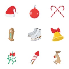 December holiday icons set, cartoon style