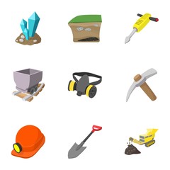 Coal mining icons set, cartoon style