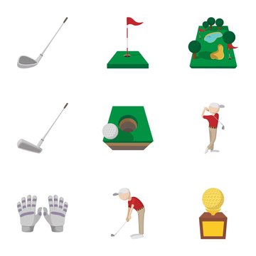 Game of golf icons set, cartoon style