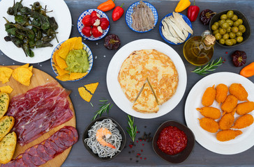 Table with spanish tapas - jamon, croquetes, guacamole and olives, top view, picnic table
