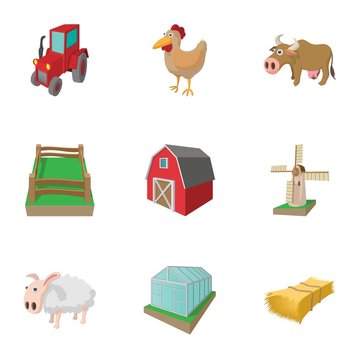 Farmhouse icons set, cartoon style