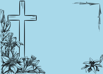 cross and  lily on blue background