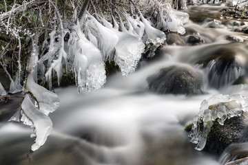 Frozen river in forest. Photoshooting with ND filter in Cutkovska valley, Slovakia