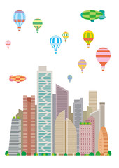 高層ビルと気球と飛行船