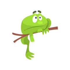 Sad Green Frog Funny Character Hanging From The Branch Childish Cartoon Illustration