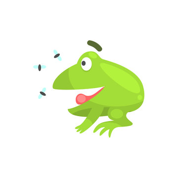 Happy Green Frog Funny Character Looking At Insects Childish Cartoon Illustration