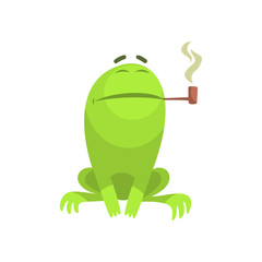 Green Frog Funny Character Smoking A Long Pipe Childish Cartoon Illustration