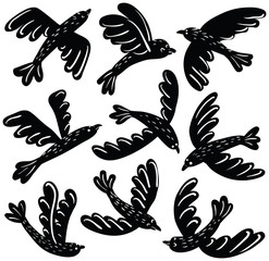 Vector set of cute black birds vinil stickers