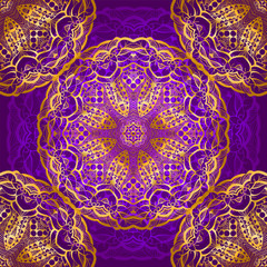 Rich gold seamless pattern in the Indian style. Bohemian tile with mandalas. Royal purple and  ornament. Unique template for design or backdrop