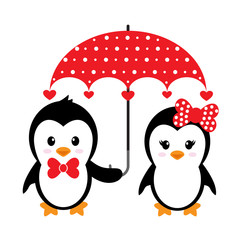 cartoon cute penguins set with heart and umbrella