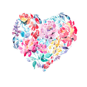 Watercolor Colorful Floral Roses Heart