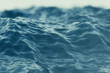 Blue water background with ripples, sea, ocean wave low angle view. Close-up Nature background. Soft focus with selective focus, 3d rendering