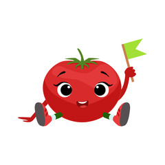 Big Eyed Cute Girly Tomato Character Sitting, Emoji Sticker With Baby Vegetable