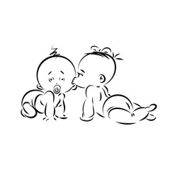 Valentine's day lineart silhouette vector of two little infants
