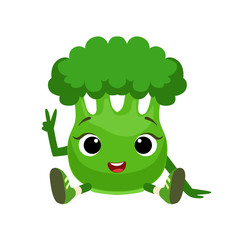 Big Eyed Cute Girly Broccoli Character Sitting, Emoji Sticker With Baby Vegetable