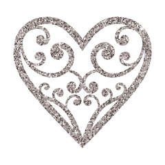 Ornamental glitter Valentines Day heart on a white background.