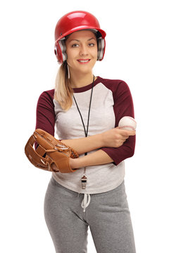 Happy Woman With A Baseball And A Glove