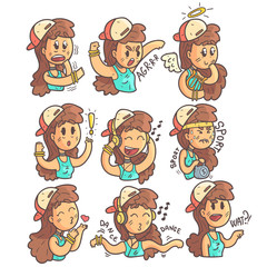 Girl In Cap, Choker And Blue Top Collection Of Hand Drawn Different Emotions Cool Outlined Portraits