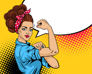 We Can Do It poster. Pop art sexy strong girl. Classical american symbol of female power, woman rights, protest, feminism. Vector colorful hand drawn background in retro comic style. - 133772257