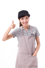 happy, smiling woman worker pointing thumb up gesture