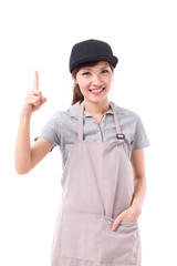 happy, smiling woman worker pointing her finger up