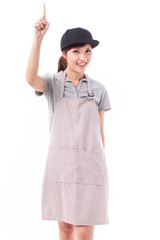 happy, smiling woman worker pointing her finger up