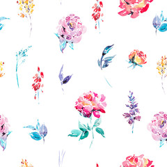 Watercolor floral seamless border with red roses