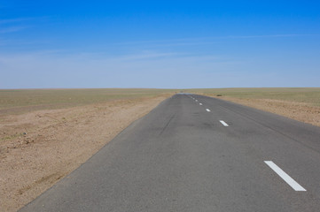 boundlessly road in Mongolia with blue sky and field .