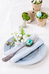 Table setting decor colorful Easter quail eggs with spring cherry flowers, moss in garden pots, empty plates, vintage fork over white tablecloth. 