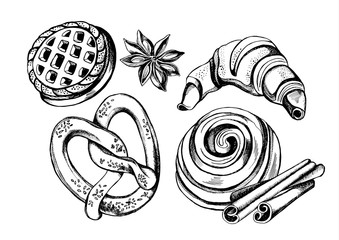 Hand drawn set of pastry and spices - cookie, pretzel, croissant, cinnamon roll, cinnamon sticks and star anise. Vector Illustration. - obrazy, fototapety, plakaty