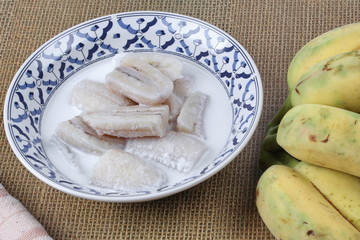 Cultivated banana in coconut milk and wholes of banana.