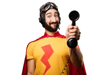 crazy super hero with mobile phone