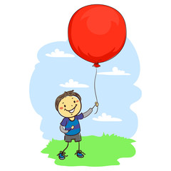Vector Illustration of Stick Kid Boy Holding a  Big Red Balloon