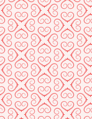 Seamless lace pattern. Vintage curled texture. Swirl silhouettes floral heart signs. Twist ornament of laurel leaves. Red, white colored background. Love, birthday, sale theme. Vector