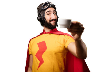 crazy super hero with coffee cup