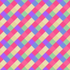 Seamless geometric pattern. Diagonal square, braiding, woven line background. Strapwork texture in bright, variegated, kitsch, festival, clown, holiday colors. Pink, blue colored. Rhomb figure. Vector